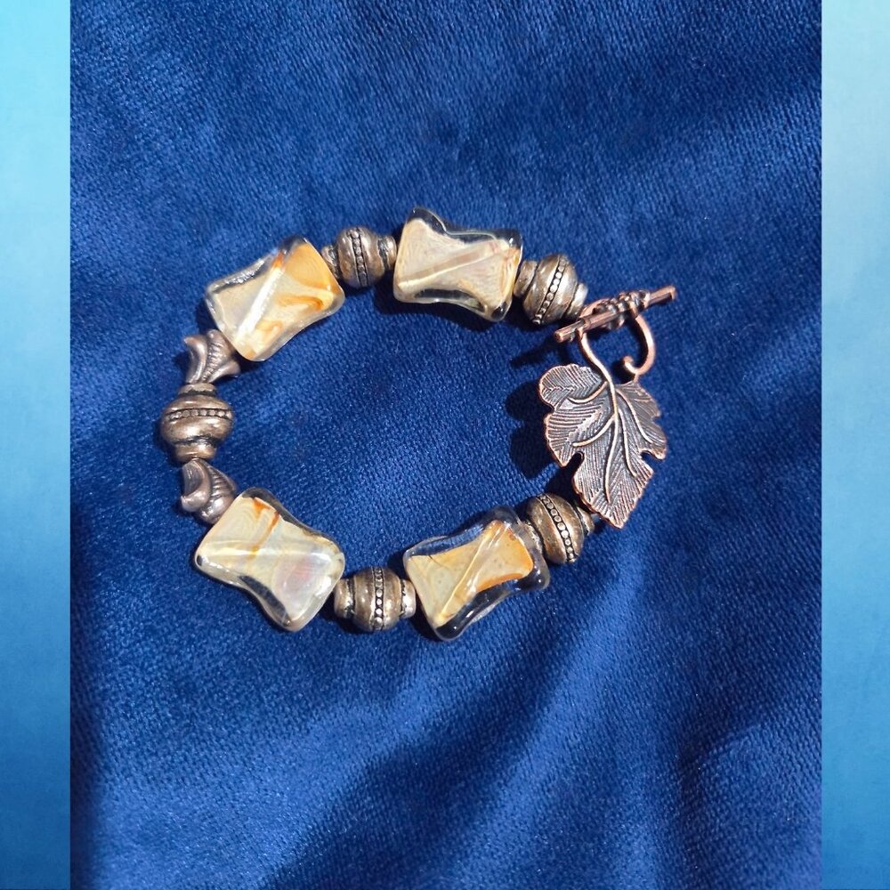 Beautiful Earthy Beaded Bracelet With Grape Leaf Design Toggle Clasp